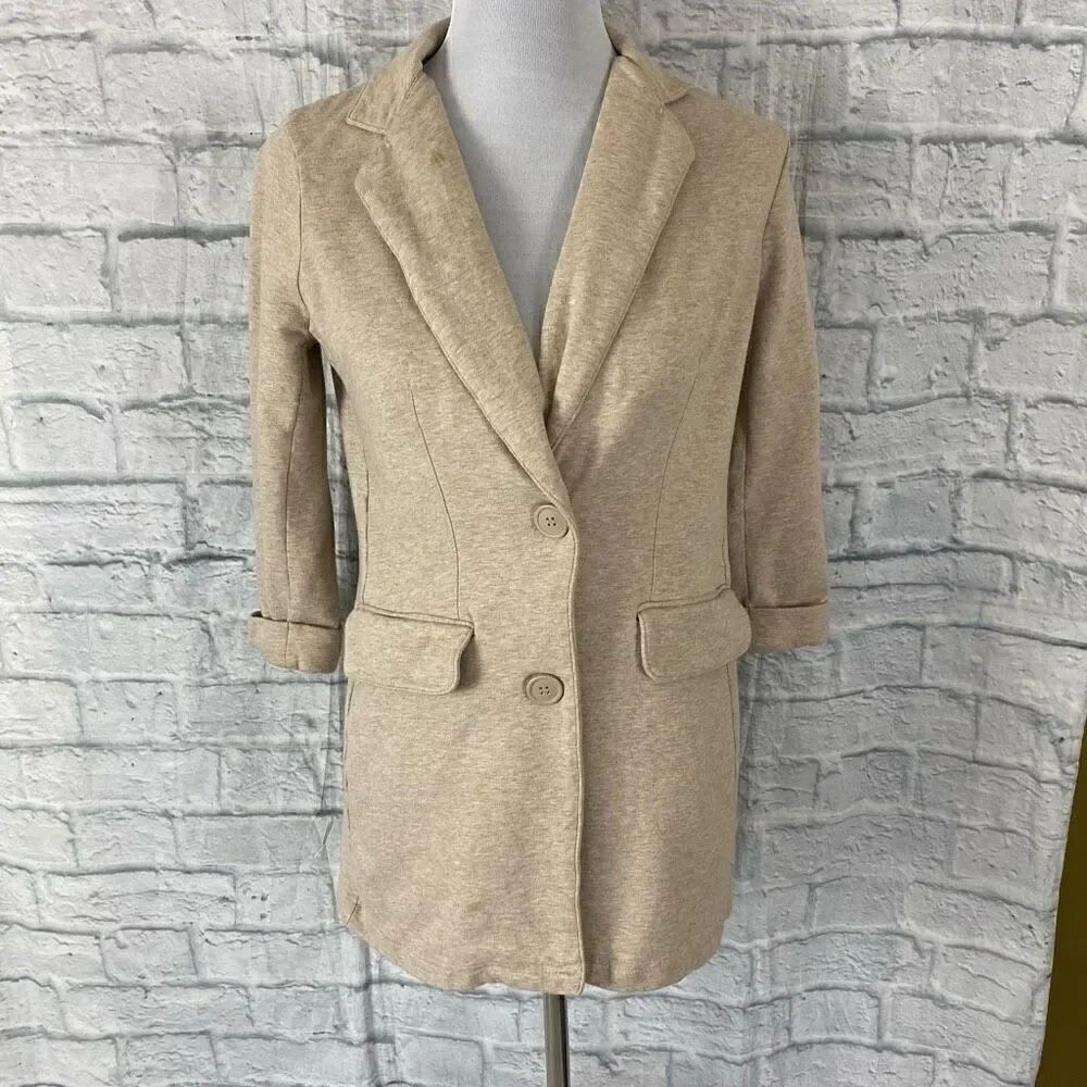 New York & Co women S cotton blend button up long jacket tan